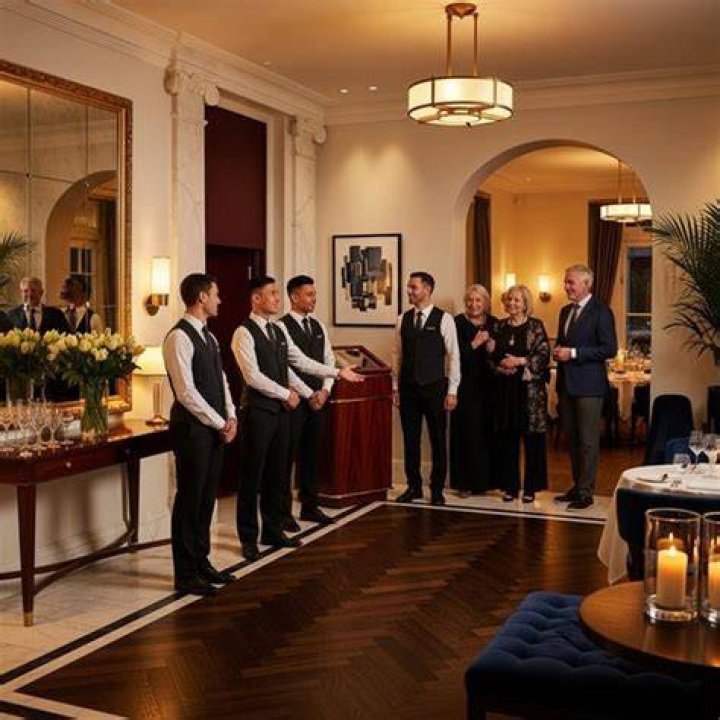 Wedding staff line up in all black, wearing black face masks, and enter the wedding venue Friday. Preparations are swiftly underway and appear far from done on the morning of Jennifer Gates' and Nayel Nassar's official wedding day